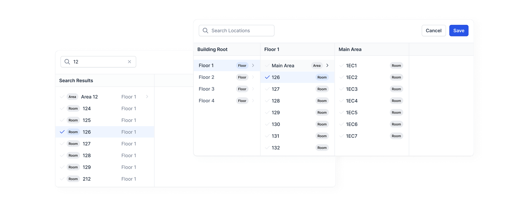 Location trees in a building can be quite complex. Users needed a way to select individual locations, but also see the whole location tree in context.