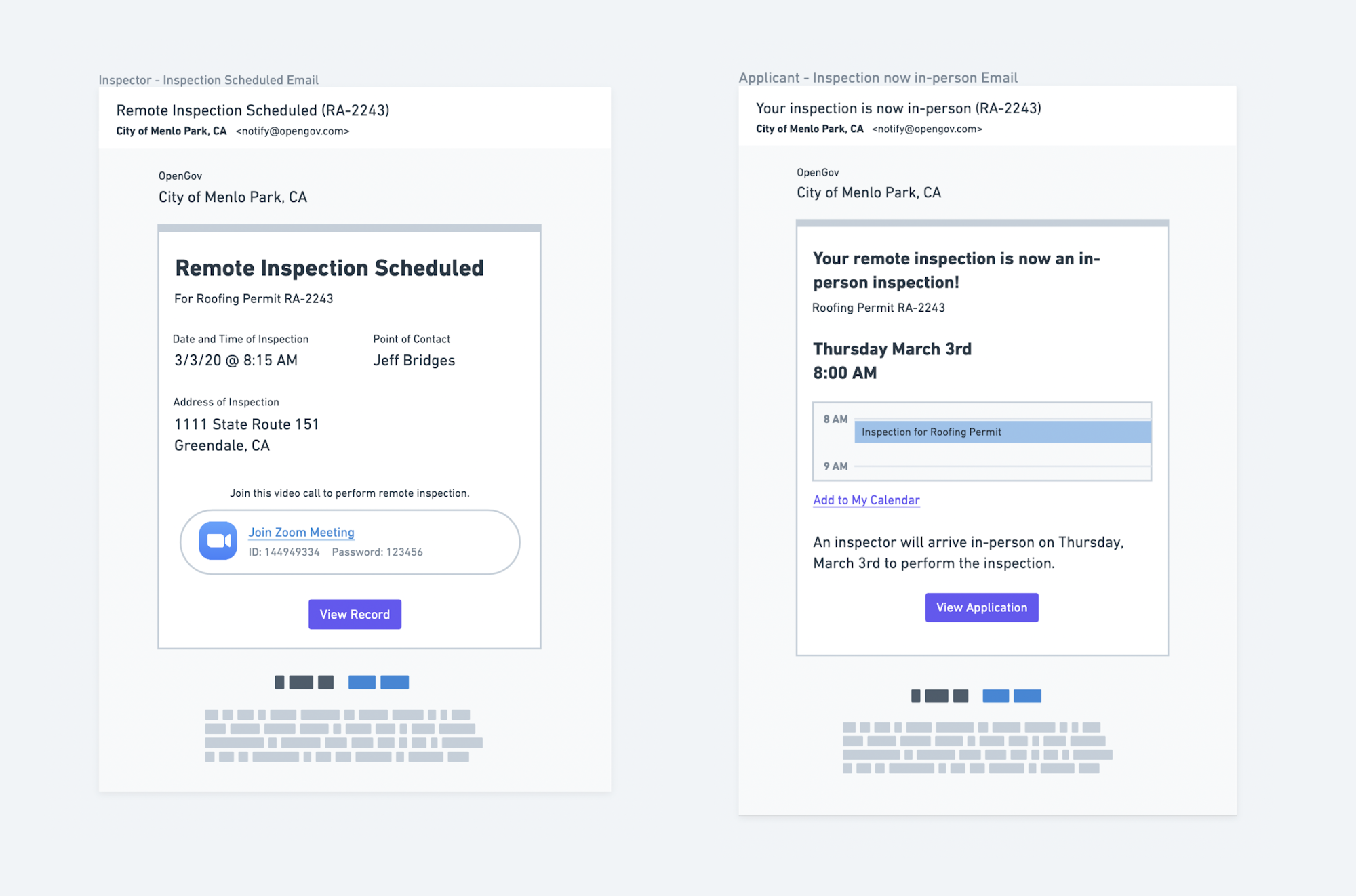 Email communication wireframes.